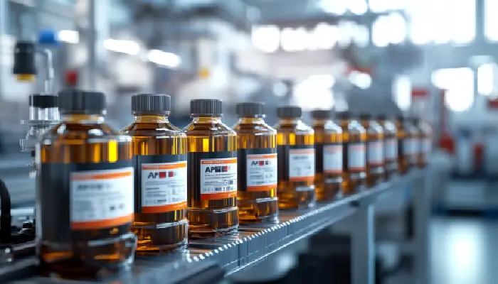 ردیف بطریهای روغن موتور با برچسب استاندارد API در خط تولید کارخانه