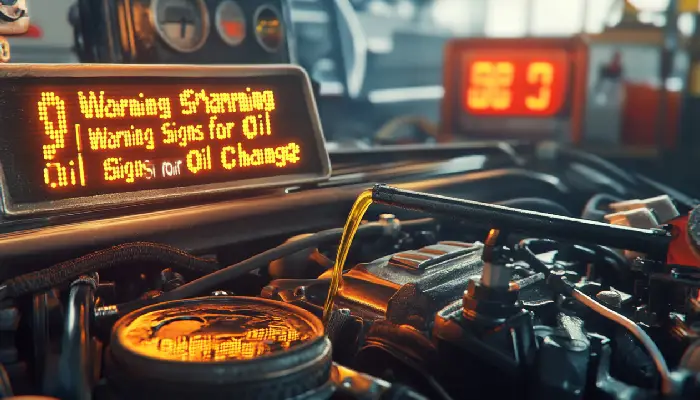 گیج روغن بیرون کشیده شده در کنار نمایشگر هشدار «۹ نشانه برای تعویض روغن موتور» در محیط کارگاهی.