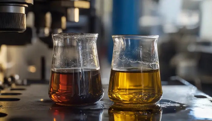 مقایسه روغن موتور تازه و اکسید شده در دو بشر آزمایشگاهی برای نمایش تفاوت رنگ و کیفیت.