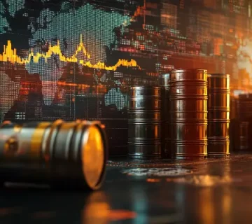نمایی از بشکه‌های نفت در کنار نمودار نوسانات قیمت جهانی و نقشه بازارهای بین‌المللی