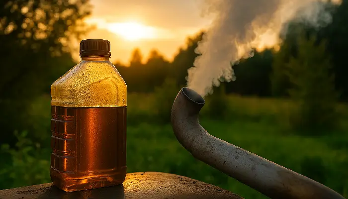 بطری روغن موتور در کنار لوله اگزوز دودزا، در فضای باز و غروب آفتاب