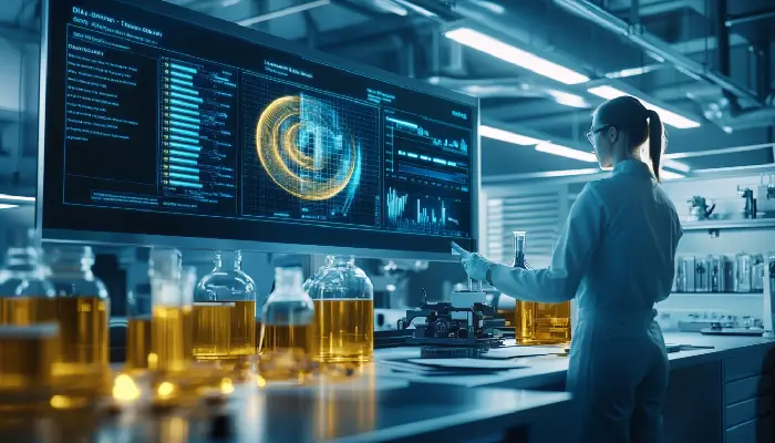 تحلیلگر در حال بررسی فرمولاسیون روغن موتور در آزمایشگاه پیشرفته