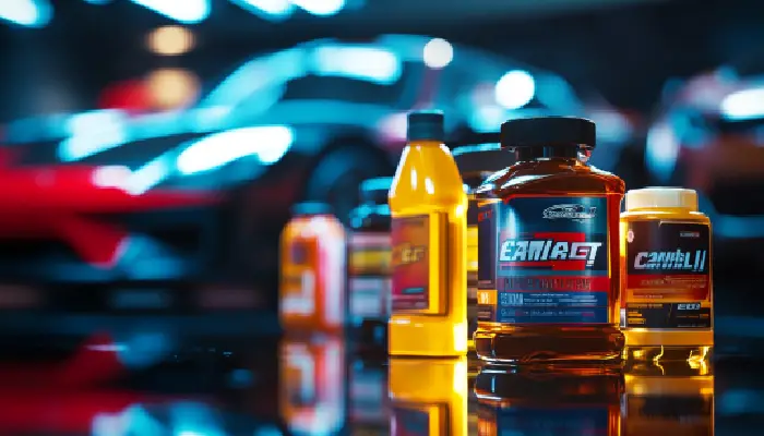 نمایی از روغنهای موتور برندهای مختلف با پسزمینه خودروهای اسپرت توربوشارژ در محیط نمایشگاهی