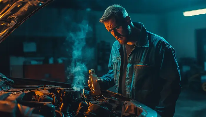 مکانیکی نگران در حال بررسی روغن موتور مقابل بخار بلندشده از موتور خودرو، نشانه‌ای از نیاز به تعویض روغن.