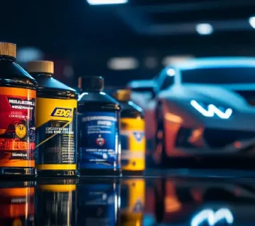 چند برند معتبر روغن موتور در کنار یک خودروی اسپرت توربوشارژ در محیط نمایشگاهی