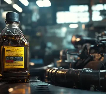 بطری روغن موتور با برچسب استاندارد API و ACEA در محیط صنعتی