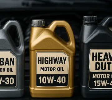 سه ظرف روغن موتور با کاربردهای مختلف شهری، جاده‌ای و سنگین‌کار در کنار موتور خودرو