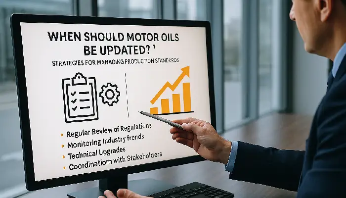 کارشناس در حال بررسی زمان به‌روزرسانی استانداردهای روغن موتور روی مانیتور