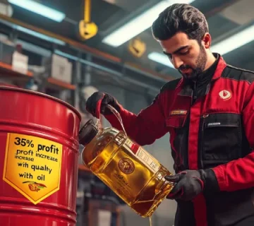 مکانیک در حال ریختن روغن موتور داخل خودروی قرمز برای افزایش سود اتوسرویس.