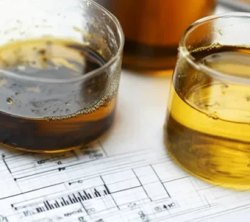 نمونه آزمایشگاهی از روغن موتور تازه و مصرف‌شده در دو لیوان شیشه‌ای، نشان‌دهنده تفاوت رنگ و آلودگی روغن، قرارگرفته روی نمودار آنالیز فنی.