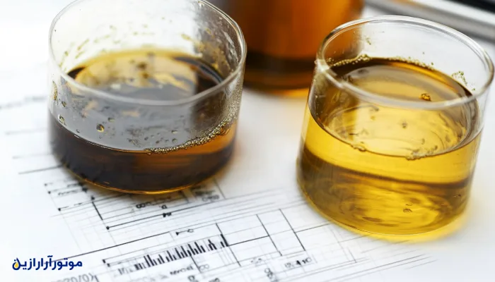 نمونه آزمایشگاهی از روغن موتور تازه و مصرف‌شده در دو لیوان شیشه‌ای، نشان‌دهنده تفاوت رنگ و آلودگی روغن، قرارگرفته روی نمودار آنالیز فنی.