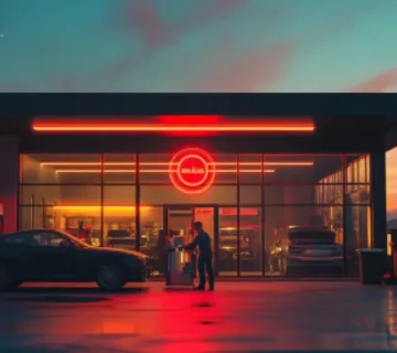 نمایی مدرن از اتوسرویس شهری هنگام غروب، با لوگوی درخشان موتور آرا رازین