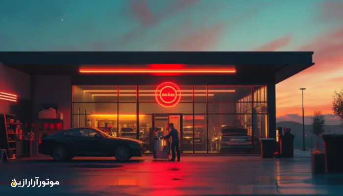 نمایی مدرن از اتوسرویس شهری هنگام غروب، با لوگوی درخشان موتور آرا رازین
