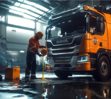 مکانیک حرفهای در حال ریختن روغن موتور دیزلی اصل به کامیون در تعمیرگاه صنعتی