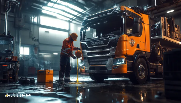 مکانیک حرفه‌ای در حال ریختن روغن موتور دیزلی اصل به کامیون در تعمیرگاه صنعتی