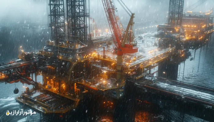 تکنسین در حال گریس‌کاری ماشین‌آلات حفاری سنگین در سکوی نفتی