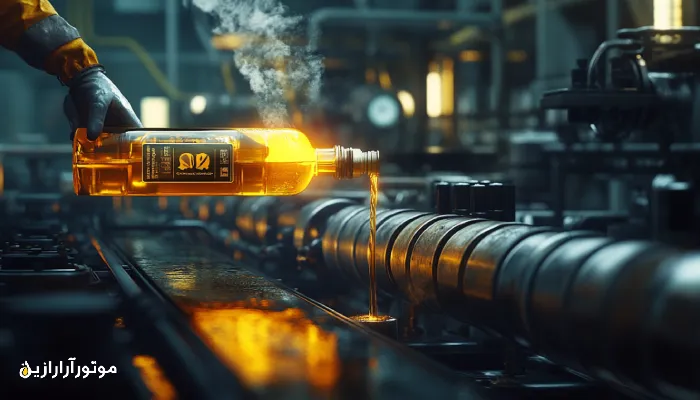 تکنسین نیروگاه در حال افزودن روغن توربین طلاییرنگ به سیستم توربین