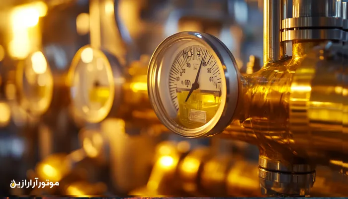 نمای نزدیک از سیستم روانکاری توربین در نیروگاه، همراه با جریان روغن طلایی