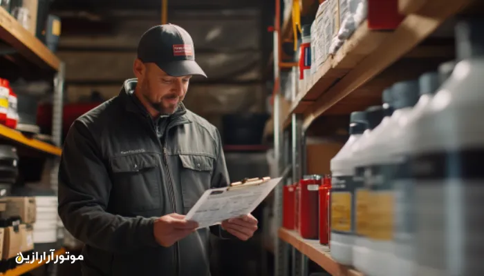 صاحب اتوسرویس در حال بررسی سفارش روغن موتور از تأمینکننده معتبر،