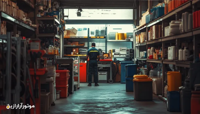 نمای داخلی یک مرکز خدمات تخصصی خودرو با تجهیزات مدرن، برندهای معتبر روغن موتور