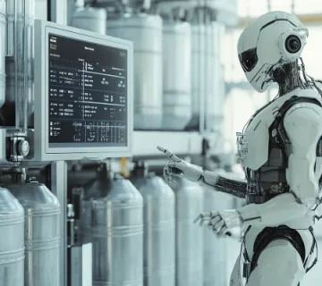 ربات پیشرفته در حال کار با پنل دیجیتال در محیط روشن و تمیز کارخانه تولید روانکار، نماد استفاده از هوش مصنوعی در طراحی و پایش ترکیبات روغن صنعتی.