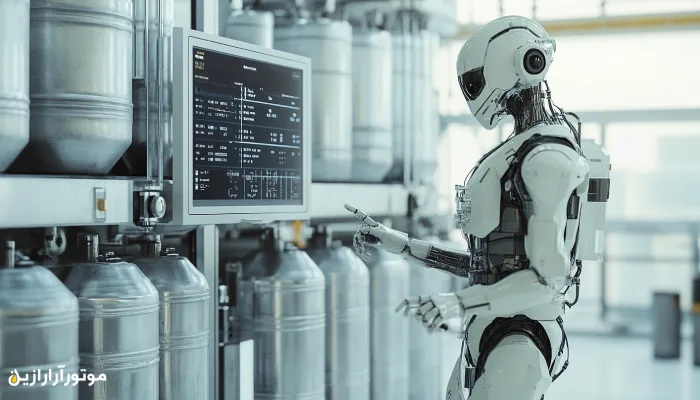 ربات پیشرفته در حال کار با پنل دیجیتال در محیط روشن و تمیز کارخانه تولید روانکار، نماد استفاده از هوش مصنوعی در طراحی و پایش ترکیبات روغن صنعتی.