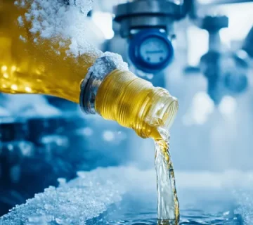 ریختن روغن کمپرسور شفاف و طلاییرنگ در یک محیط کاملاً سرد و یخزده، در نزدیکی گیج فشار – نمایش کیفیت روانکاری روغن برودتی در دمای پایین
