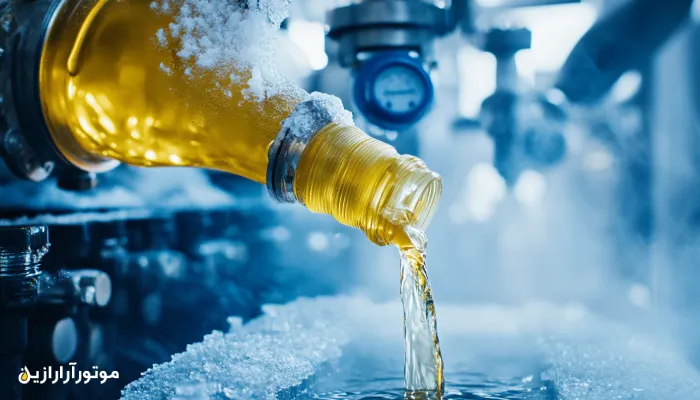 ریختن روغن کمپرسور شفاف و طلایی‌رنگ در یک محیط کاملاً سرد و یخ‌زده، در نزدیکی گیج فشار – نمایش کیفیت روانکاری روغن برودتی در دمای پایین