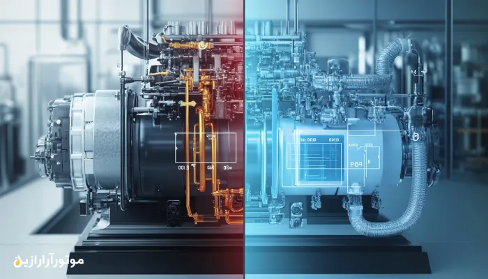 نمای گرافیکی از یک کمپرسور برودتی صنعتی بهصورت برش خورده، با نمایش مسیر حرکت روغن در دو حالت عملکردی مختلف – ترکیبی از نمای فنی و تحلیلی عملکرد روغن در سیستمهای تبرید