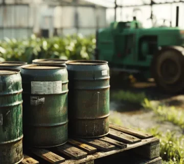 چند بشکه فلزی بدون برچسب بر روی پالت چوبی در گلخانه یا مزرعه کشاورزی، با پس‌زمینه‌ای از تراکتور سبز و پوشش گیاهی مرطوب زیر نور طبیعی.