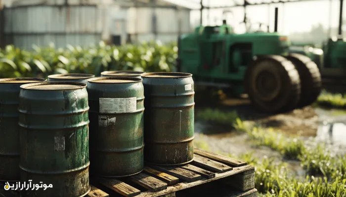 چند بشکه فلزی بدون برچسب بر روی پالت چوبی در گلخانه یا مزرعه کشاورزی، با پس‌زمینه‌ای از تراکتور سبز و پوشش گیاهی مرطوب زیر نور طبیعی.