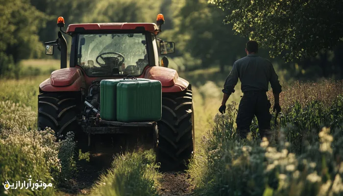 تراکتور قرمز در حال حرکت در مزرعهای سرسبز، به همراه ظرف بزرگ سبزرنگ بدون برچسب بر روی قسمت عقب، در کنار تکنسینی که در حال قدم زدن در میان علفزار است.