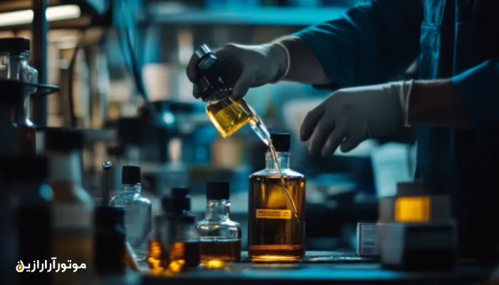 تصویر کلوزآپ از صحنه پر کردن قوطی روغن موتور تقلبی در محیطی تاریک