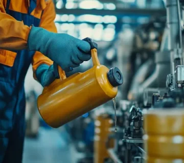 تکنسین صنعتی در حال روغن‌کاری دقیق تجهیزات با استفاده از ظرف فلزی مخصوص روانکار؛ نمونه‌ای از اجرای صحیح عملیات نگهداری پیشگیرانه در کارخانه