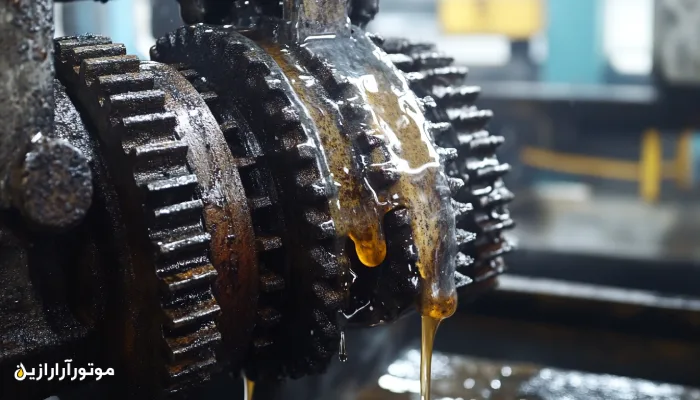 نمای نزدیک از چرخدندههای صنعتی با روانکار آلوده و بیشازحد، نشاندهنده یکی از خطاهای رایج در مصرف روانکارهای صنعتی