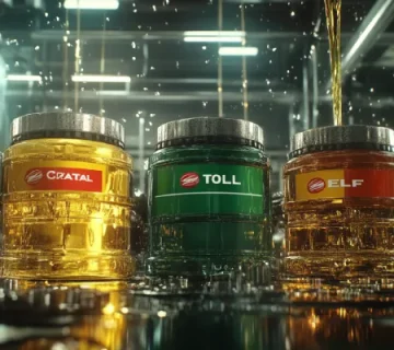 نمای نزدیک از بطری‌های روغن کاسترول، الف و توتال با پس‌زمینه گرافیکی ویسکوزیته و اجزای موتور