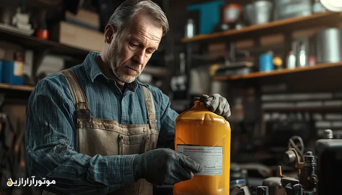 مرد مکانیک در حال بررسی برچسب یک ظرف روغن موتور در تعمیرگاه