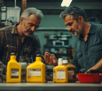 دو تعمیرکار در حال بررسی نمونه‌ای از روغن موتور در کارگاه، با بطری‌های زرد در پیش‌زمینه