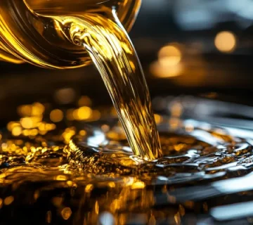 نمای نزدیک از ریختن روغن موتور طلایی‌رنگ روی سطح سیاه