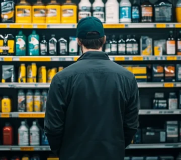 مردی در حال بررسی قفسه‌ روغن موتور در فروشگاه لوازم خودرو