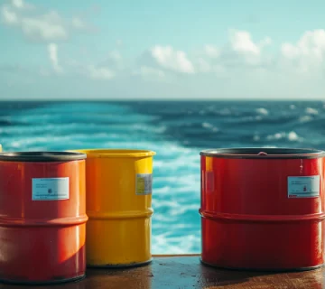 بشکه‌های رنگی روغن موتور دریایی روی عرشه کشتی با نمایی از رد حرکت کشتی در دریا – نمادی از ذخیره‌سازی و شناسایی منابع روغن در شرایط دریایی