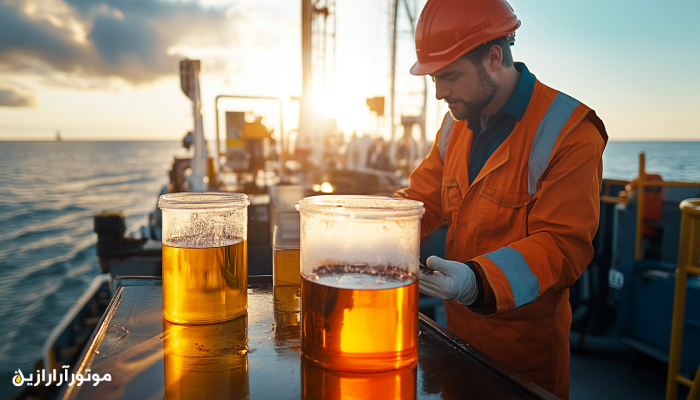 کارشناس فنی در حال بررسی نمونههای روغن موتور دریایی در دو ظرف شفاف روی عرشه کشتی، یکی شفاف و طلایی و دیگری تیره و کدر – مقایسه بصری برای تشخیص روغن تقلبی