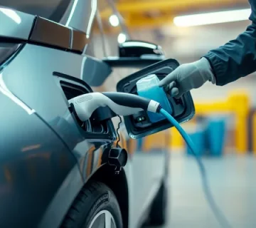 نمای نزدیک از تکنسینی که در حال اتصال کابل شارژ به یک خودروی برقی در فضای مدرن تعمیرگاه یا ایستگاه شارژ است، نماد حمل‌ونقل آینده و روانکارهای سازگار با خودروهای EV.