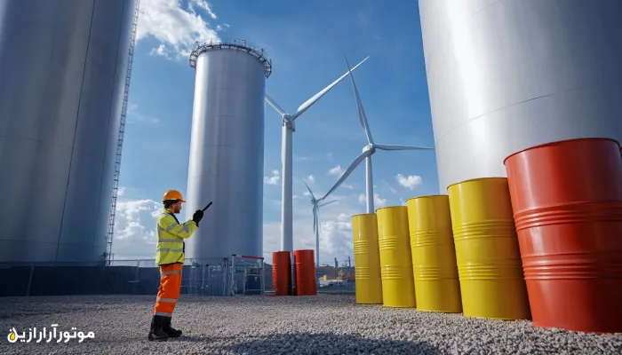 مهندس ایمنی با لباس کار نارنجی در حال بررسی ردیفی از بشکههای روانکار صنعتی بدون برچسب در فضای باز کنار توربینهای بادی و مخازن بزرگ انرژی.