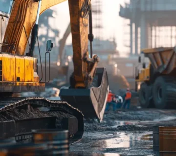 سایت عمرانی فعال با ماشین‌آلات سنگین در حال سرویس و استفاده از روغن گیربکس صنعتی