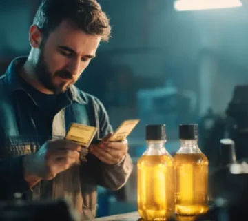 مکانیکی حرفه‌ای در حال مقایسه دو ظرف مشابه روغن موتور، یکی اصل و یکی تقلبی