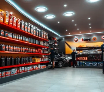 تصویر یک مرکز سرویس تخصصی خودرو با پرسنل حرفه‌ای و محصولات روغنی