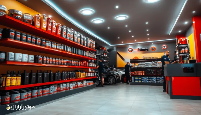 تصویر یک مرکز سرویس تخصصی خودرو با پرسنل حرفه‌ای و محصولات روغنی