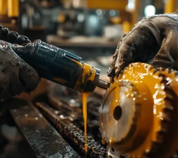 روغن‌کاری زنجیر و چرخ‌دنده صنعتی با استفاده از گریس غلیظ؛ تکنسینی با دستکش ایمنی در حال اجرای فرآیند روانکاری در محیط کارخانه