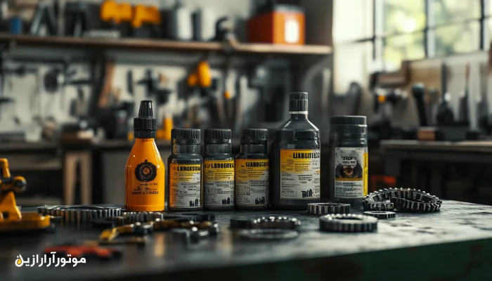 انواع روغن و گریس تخصصی برای یاتاقانها و چرخدندهها، چیدهشده روی میز کار در محیط کارگاهی؛ انتخابهای متنوع برای روانکاری دقیق و طول عمر بالاتر قطعات مکانیکی